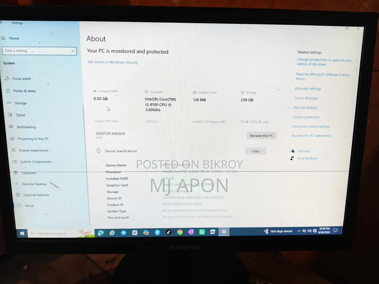 Desktop Computer Microsoft 8GB Intel Core i3 SSHD (Hybrid) 256GB
