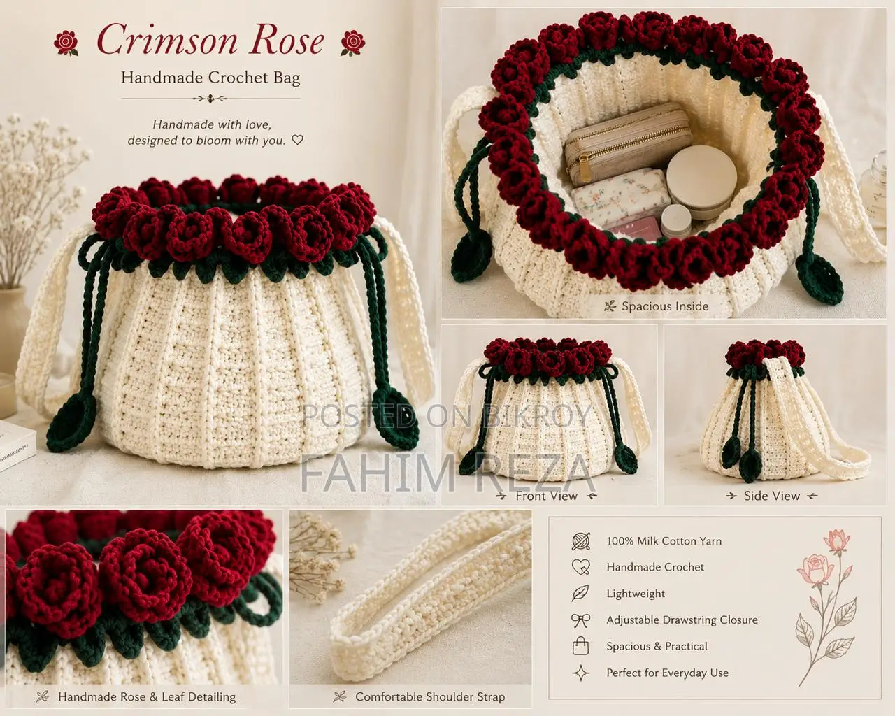 𓆩♡𓆪 Crimson Rose — Handmade Crochet Bag