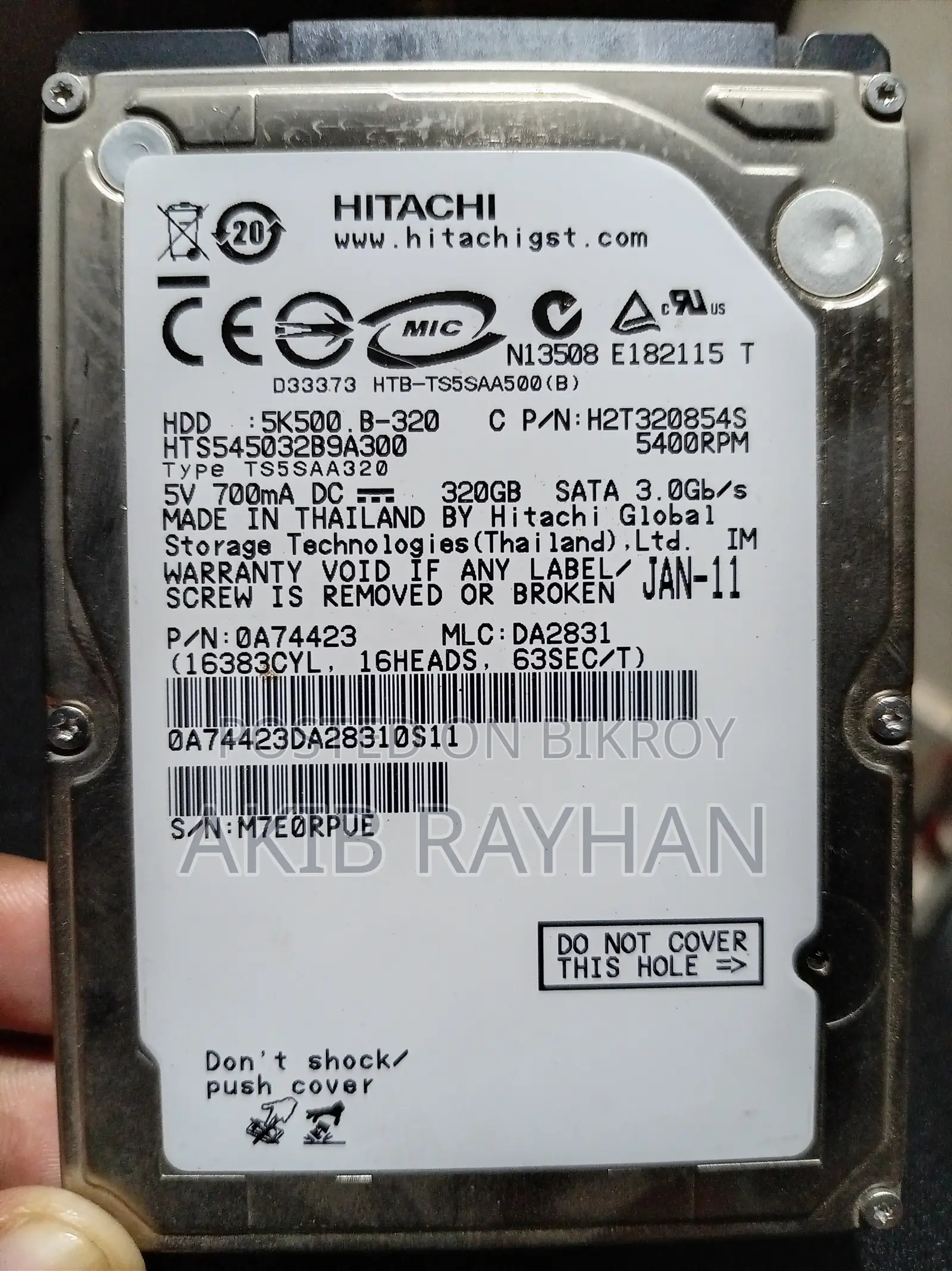 Hitachi 320GB Laptop HDD (100% Fresh & Running)