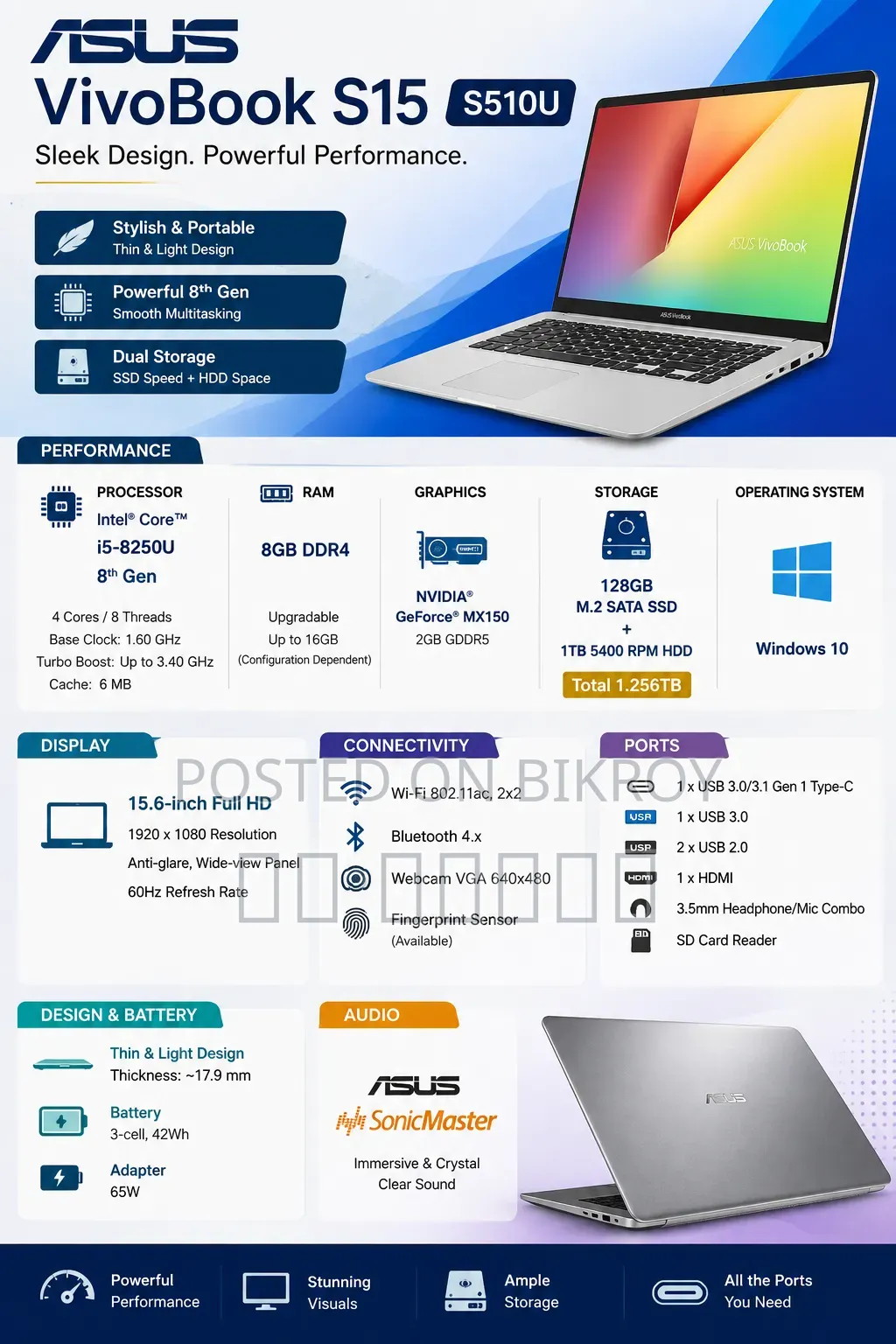 Laptop Asus VivoBook S15 S510UA 8GB Intel Core i5 SSD 1T