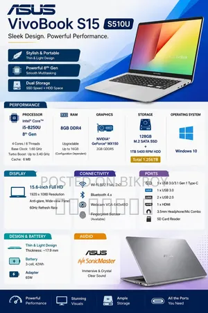Laptop Asus VivoBook S15 S510UA 8GB Intel Core i5 SSD 1T