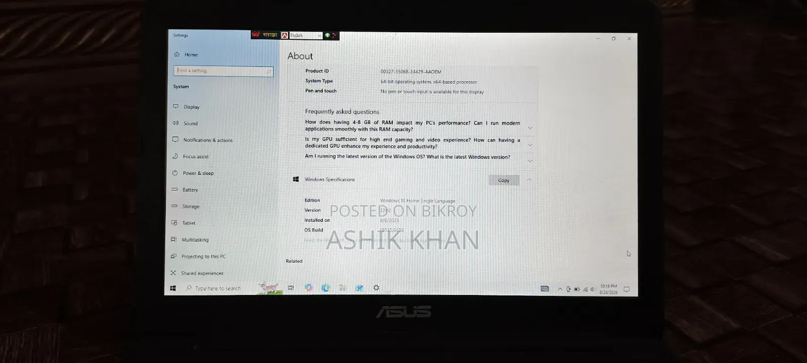 Laptop Asus E203MA 4GB Intel Pentium HDD 320GB