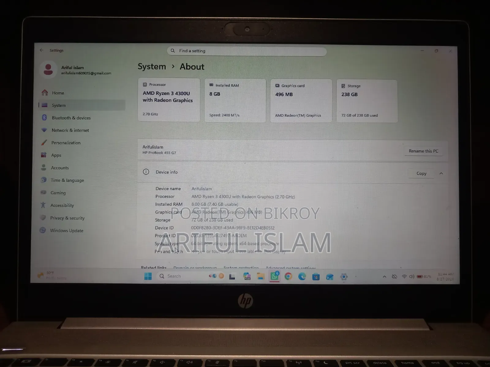 Laptop HP ProBook 455 G5 8GB AMD Ryzen 3 SSD 256GB