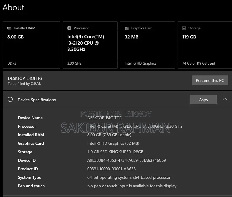 Desktop Computer 8GB Intel Core i3 SSD 128GB