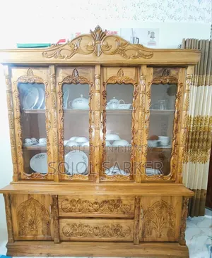 Beautiful Wooden Crockery Showcase – Glass Door & Carving Design