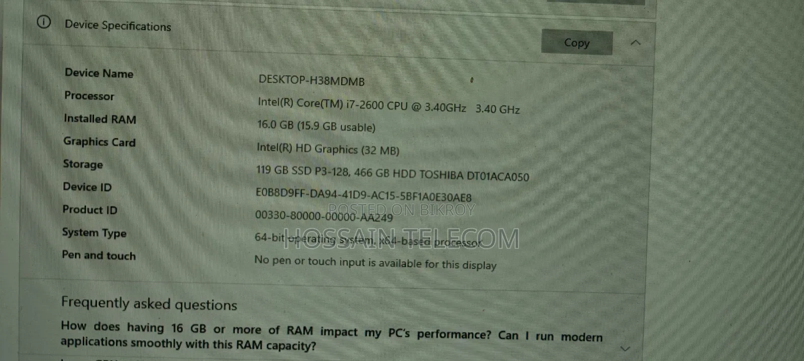 Desktop Computer Gigabyte 16GB Intel Core i7 HDD+SSD 500GB