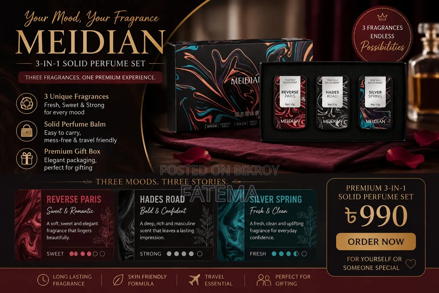 MEIDIAN 3-in-1 Solid Perfume | 3 Fragrance in 1 Box