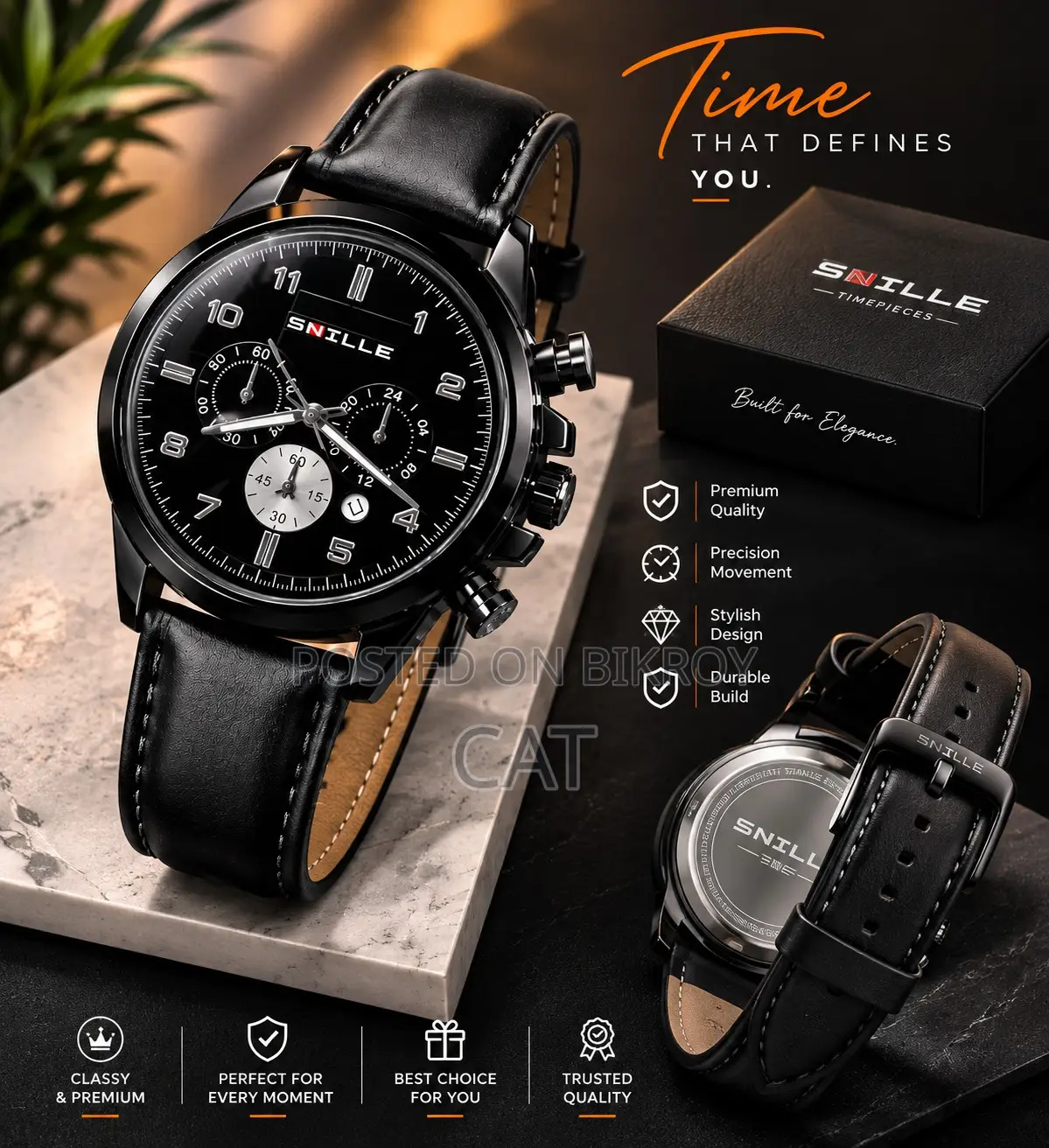 SNILLE Men's Black Chronograph Watch – Premium Leather Strap