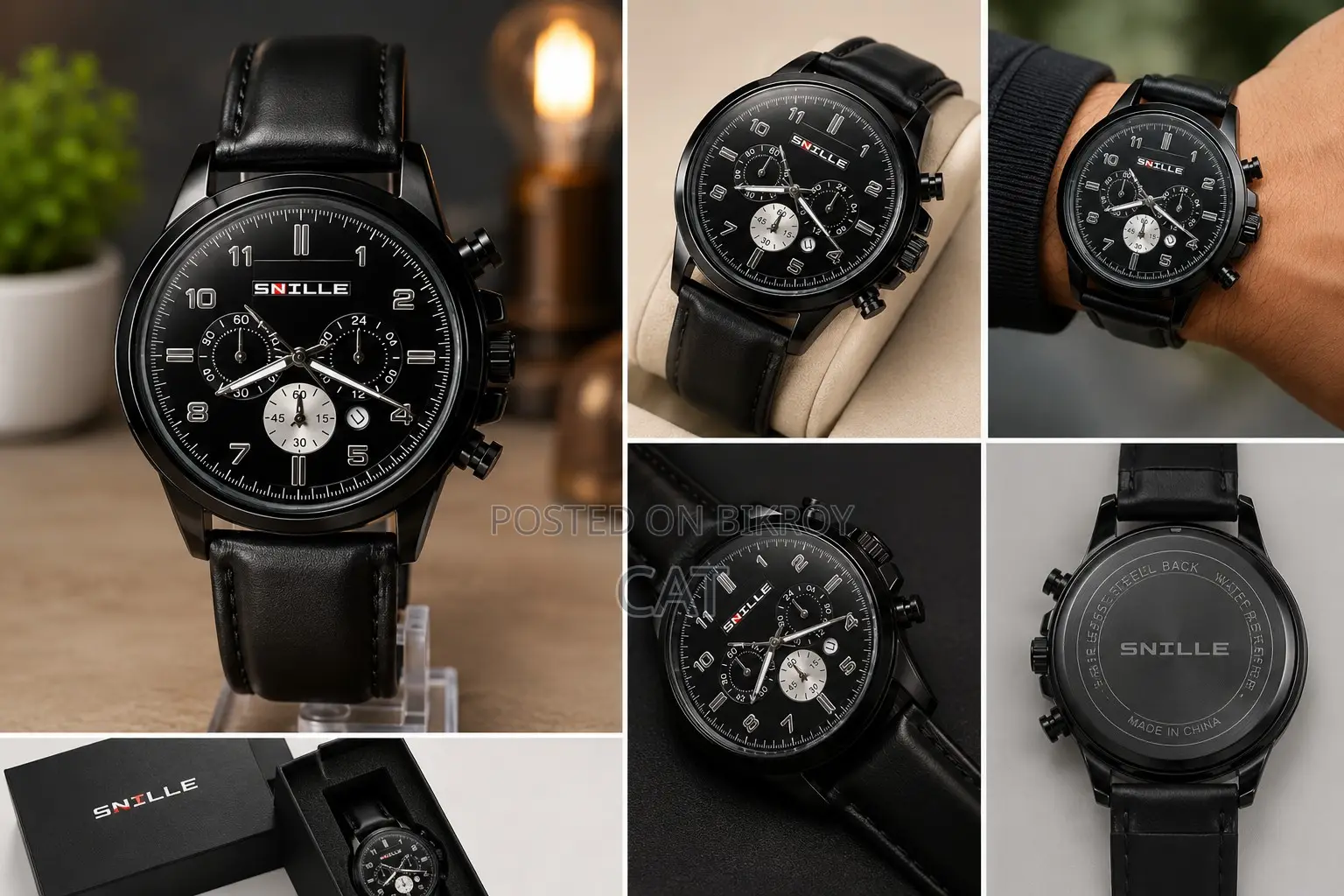 SNILLE Men's Black Chronograph Watch – Premium Leather Strap