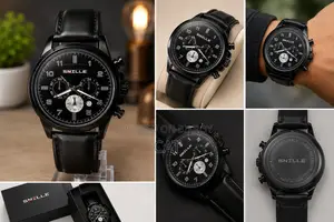SNILLE Men's Black Chronograph Watch – Premium Leather Strap