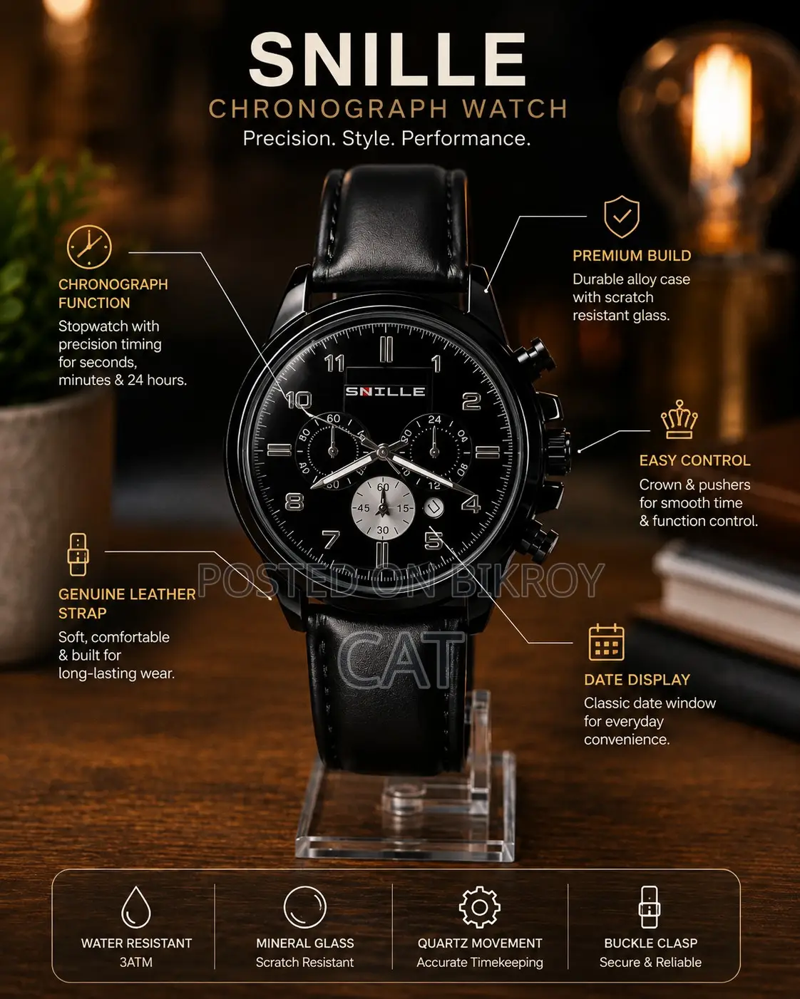 SNILLE Men's Black Chronograph Watch – Premium Leather Strap