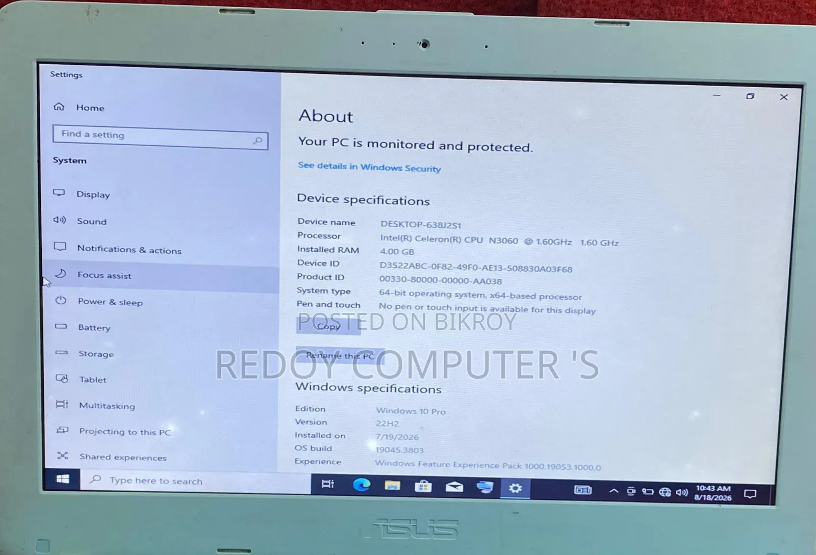 Laptop Asus 4GB Intel Celeron HDD 128GB
