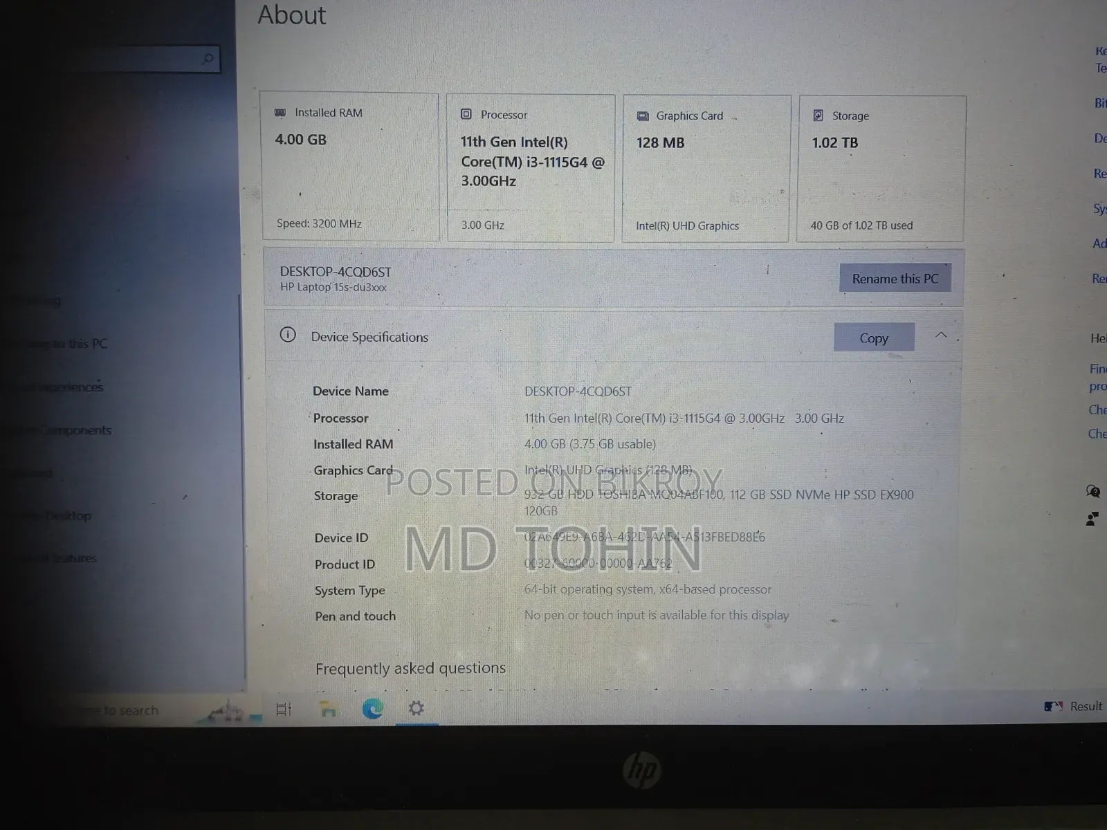 Laptop HP 15s 4GB Intel Core i3 HDD+SSD 1T