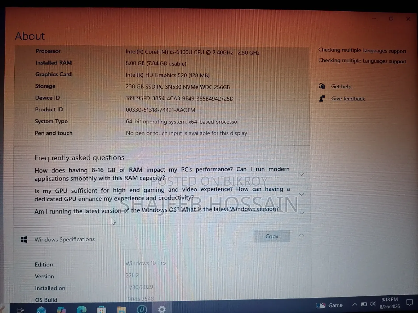 Laptop Lenovo 8GB Intel Core i5 SSD 256GB