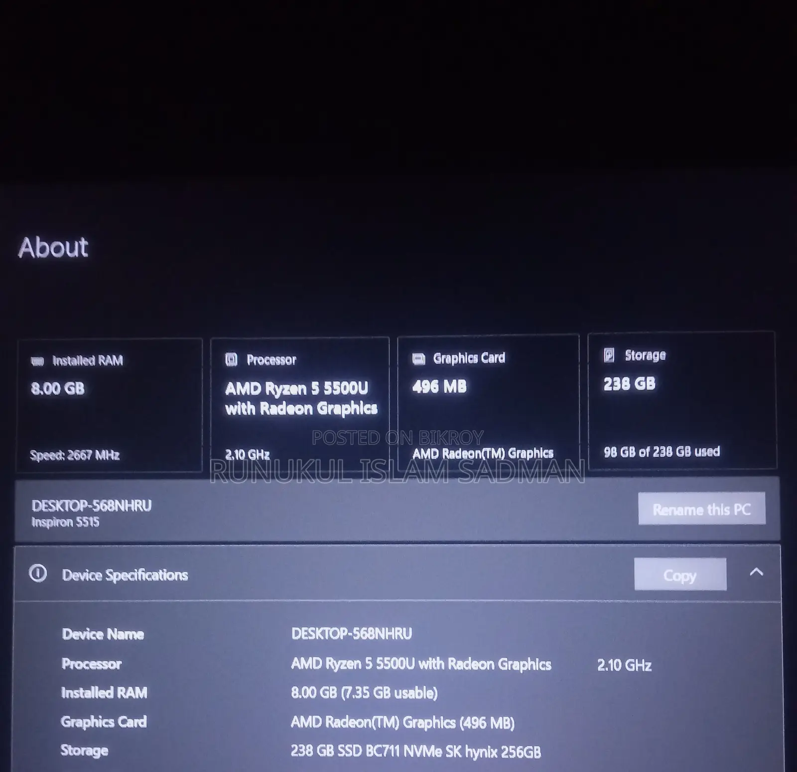 Laptop Dell Inspiron 15 8GB AMD Ryzen 5 SSD 256GB