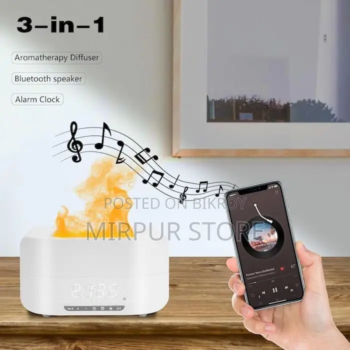 Flame Humidifier Clock With Bluetooth Speaker - 3-in-1 Air Diffuser