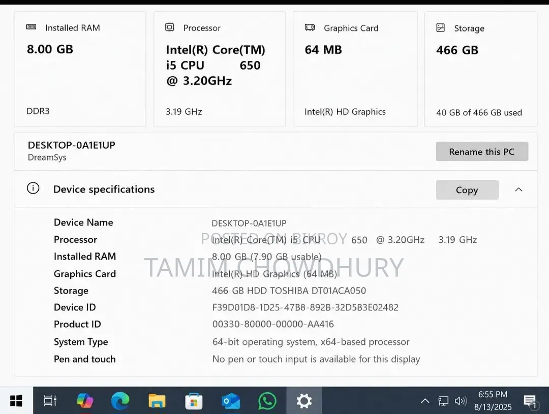 Desktop Computer Samsung 8GB Intel Core i5 SSD 500GB