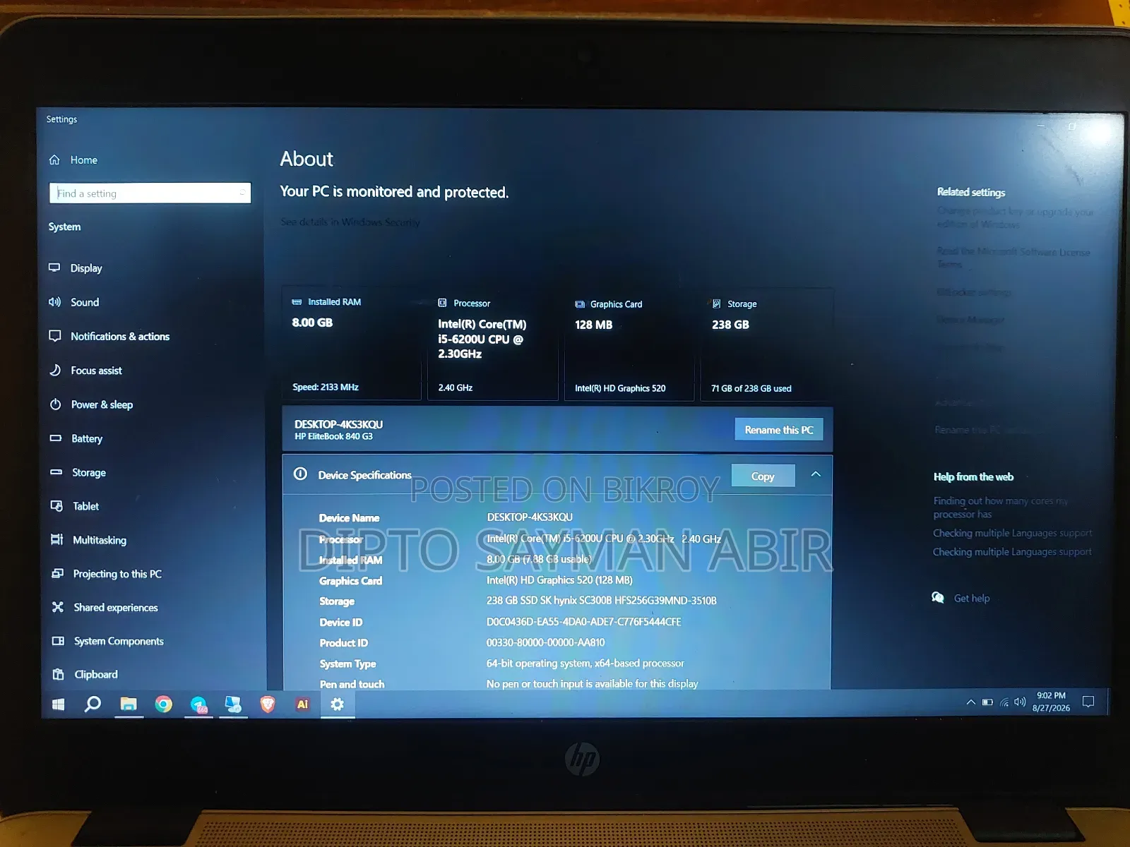 Laptop HP EliteBook 840 G3 8GB Intel Core i5 SSD 256GB