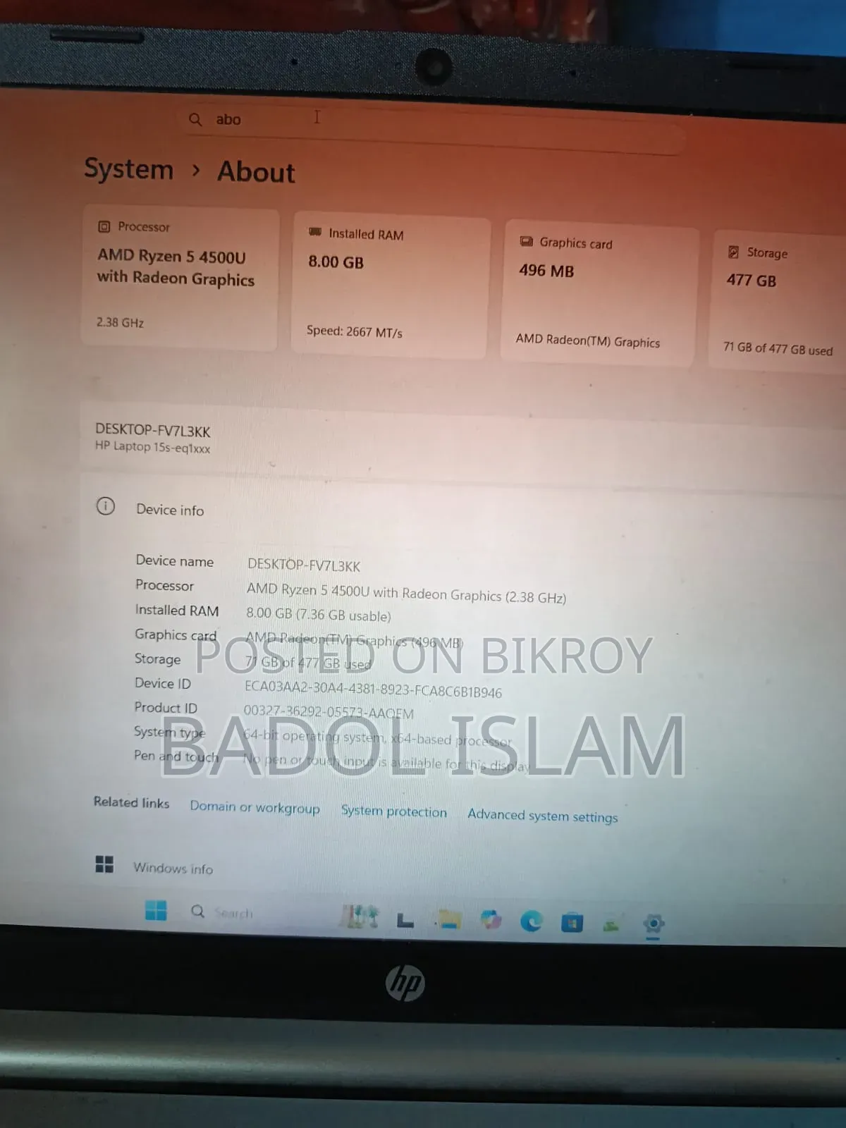 Desktop Computer HP 8GB AMD Ryzen 5 SSD 512GB