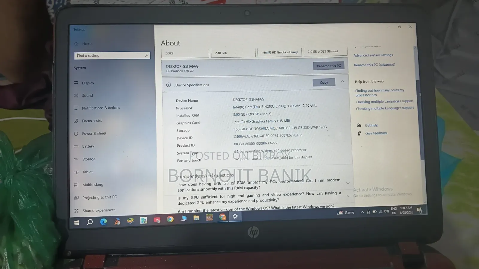 Laptop HP ProBook 450 G2 8GB Intel Core i3 HDD+SSD 128GB