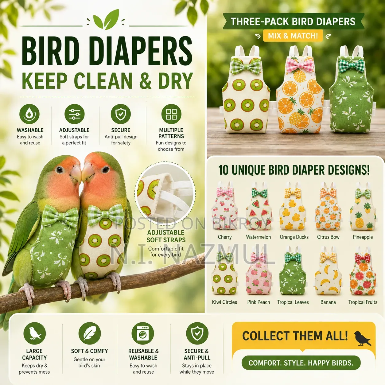 Stylish & Comfortable Bird Diapers for Lovebirds
