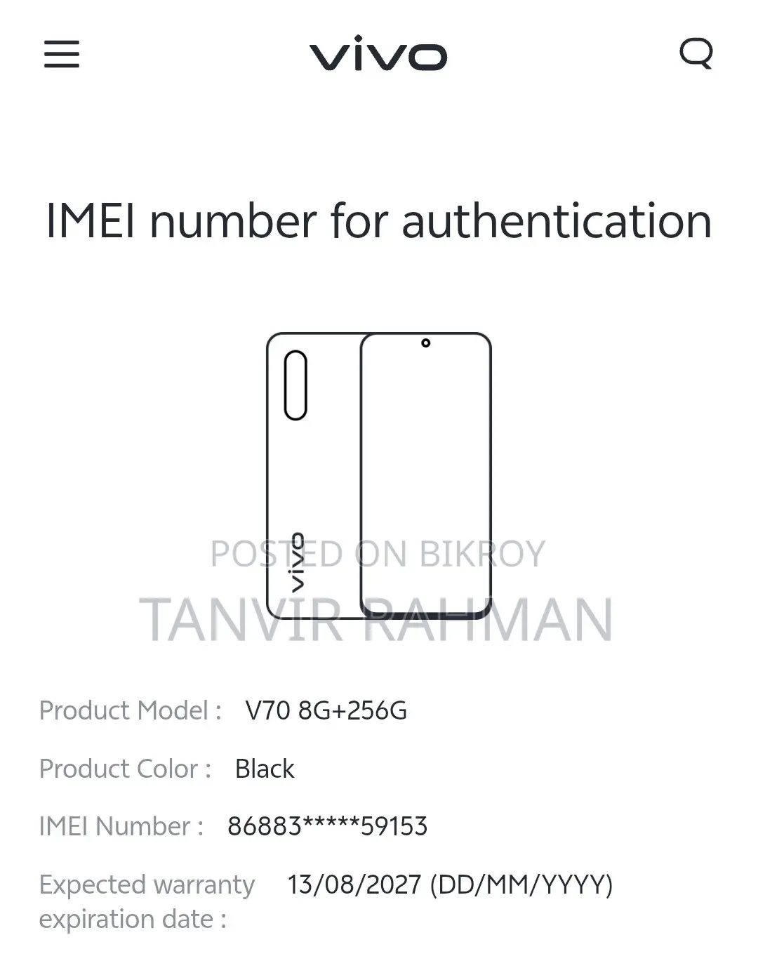 Vivo V70 256 GB Black