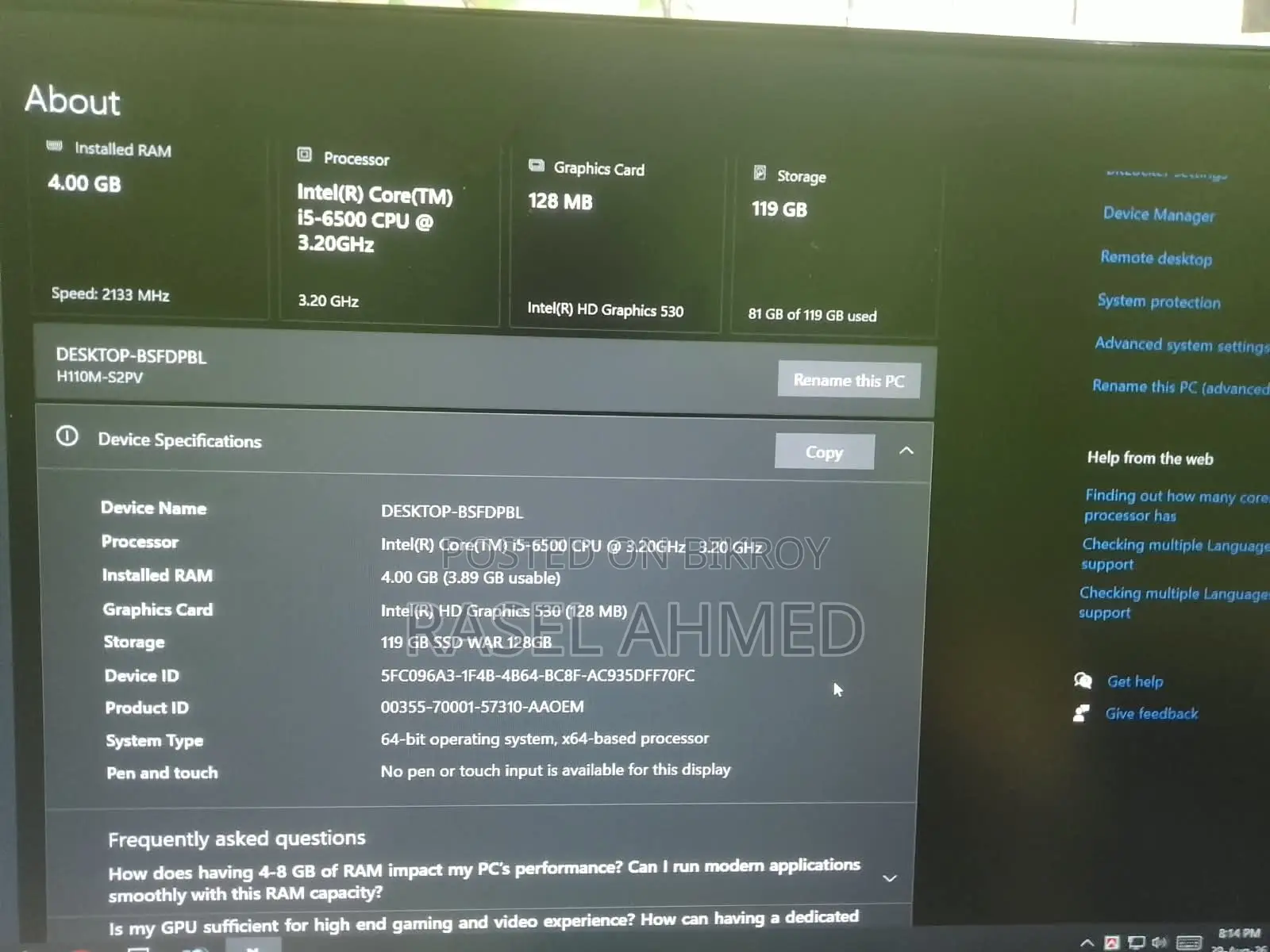 Desktop Computer Gigabyte 4GB Intel Core i5 SSD 128GB