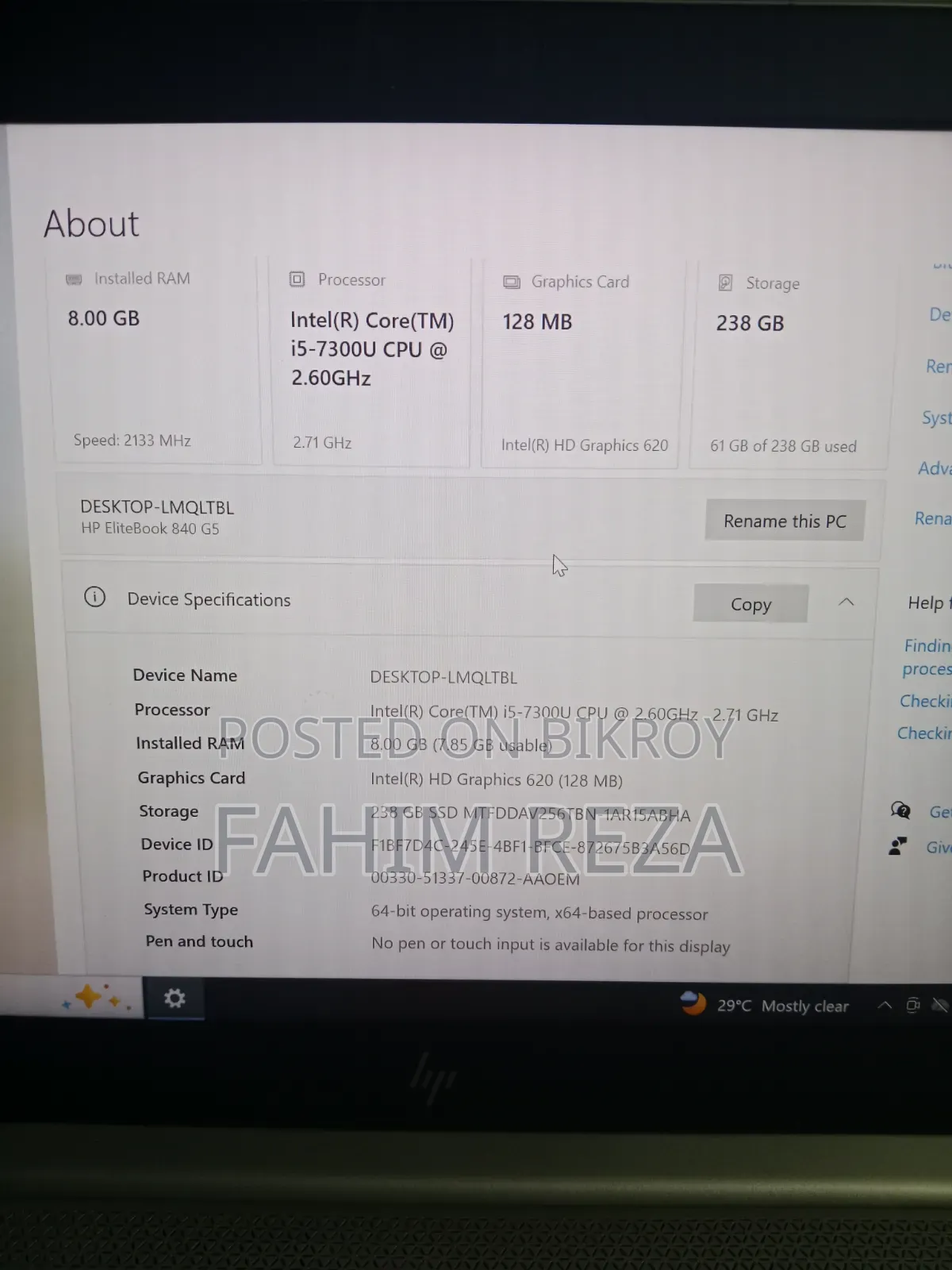 Laptop HP EliteBook 840 G5 8GB Intel Core i5 SSD 256GB