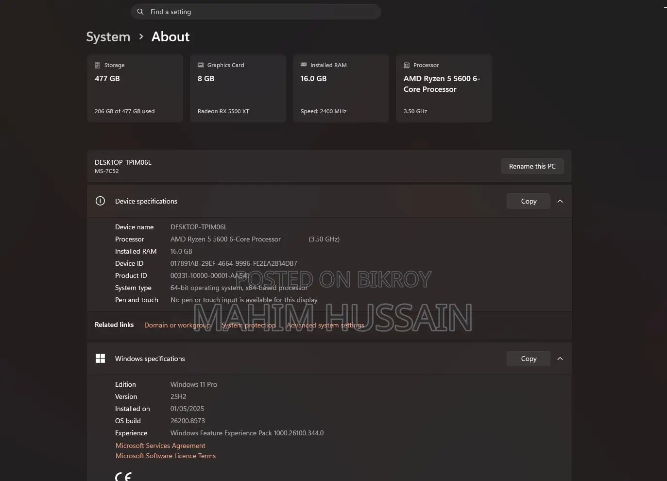 Desktop Computer MSI 16GB AMD Ryzen 5 HDD+SSD 500GB