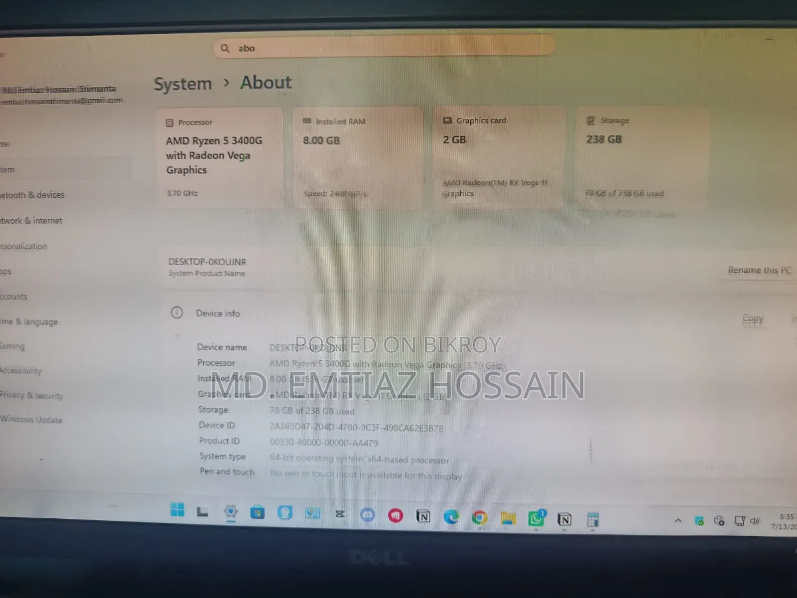 Desktop Computer Asus 8GB AMD Ryzen 5 SSD 256GB