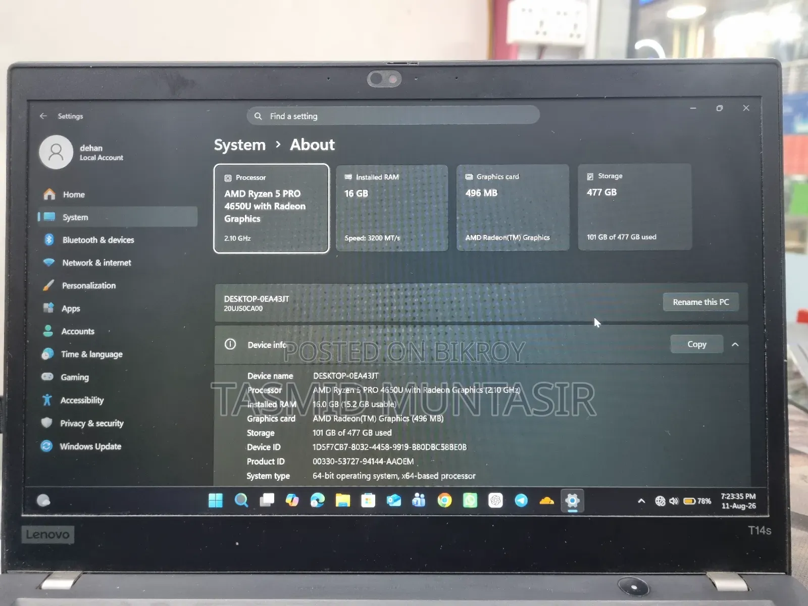 Laptop Lenovo ThinkPad T14s Gen 1 16GB AMD Ryzen 5 SSD 512GB