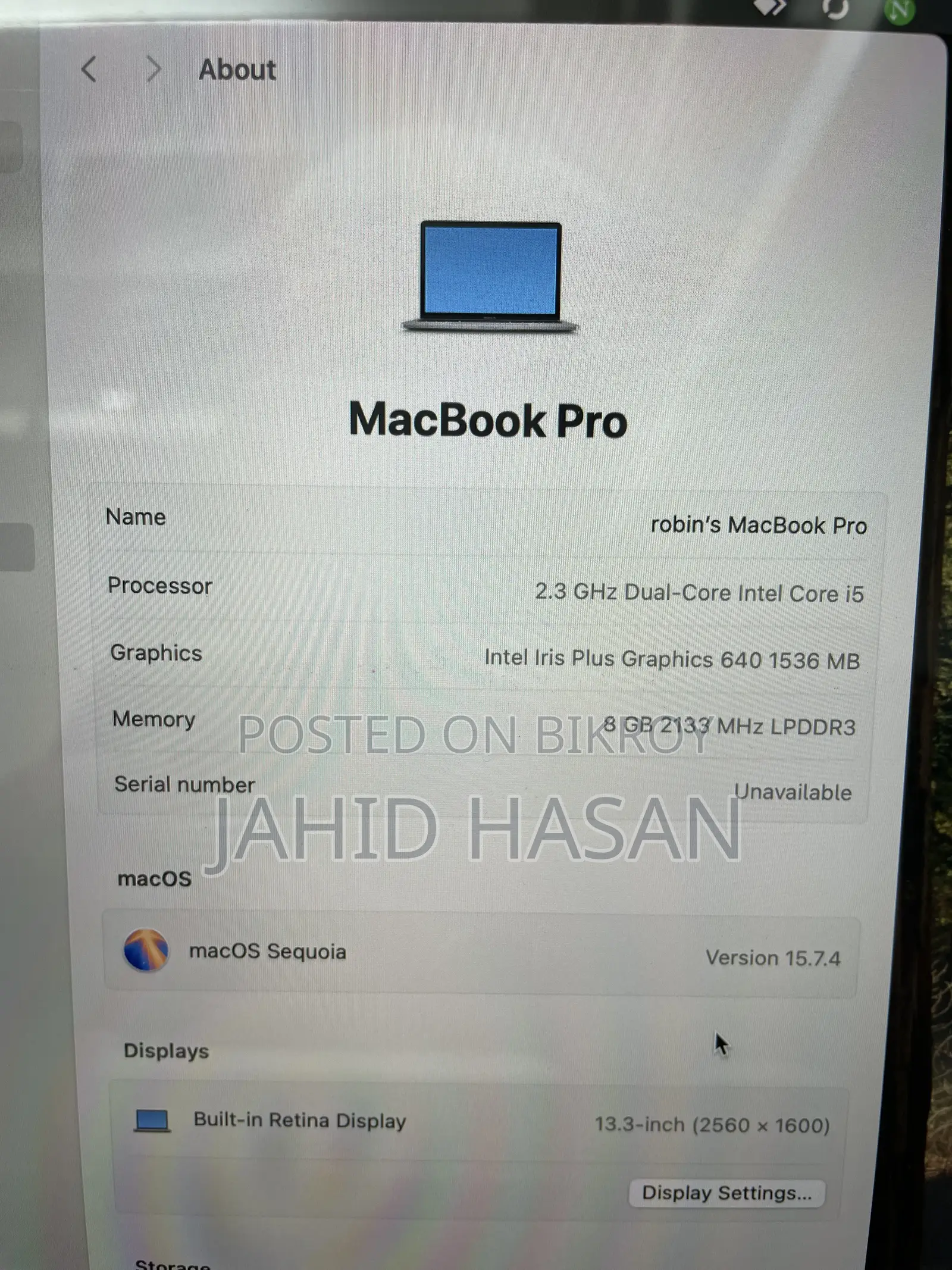 Laptop Apple MacBook Pro 2017 8GB Intel Core i5 SSD 256GB