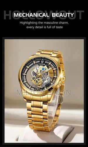 Lige Men's Quartz Watch With Hollow Design and Transparent