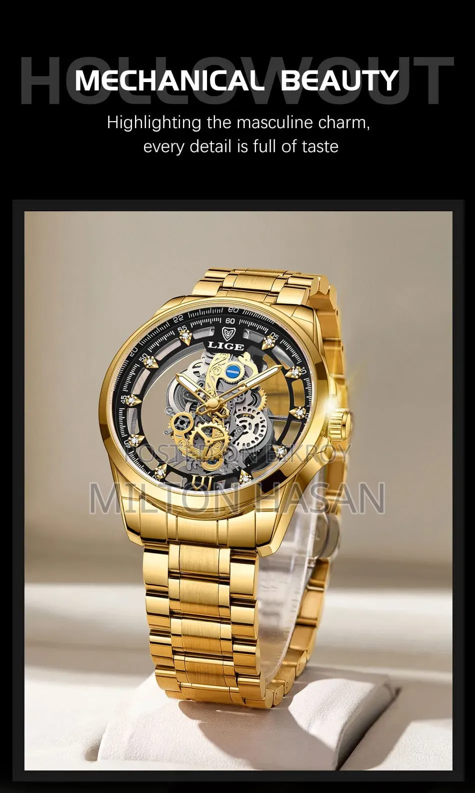 Lige Men's Quartz Watch With Hollow Design and Transparent