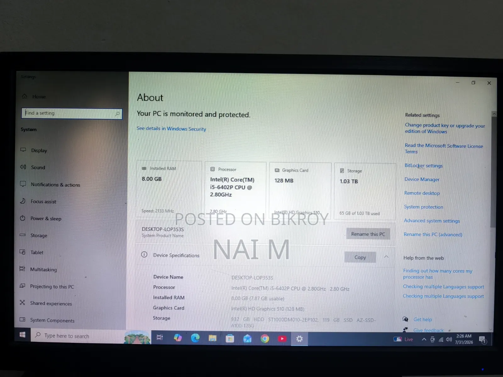 Desktop Computer Dell 8GB Intel Core i5 HDD+SSD 1T