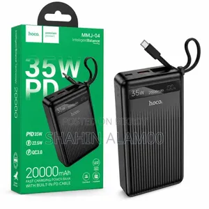 Hoco MMJ-04 20000mAh  PD Fast Charging Power Bank With Built-in Cable