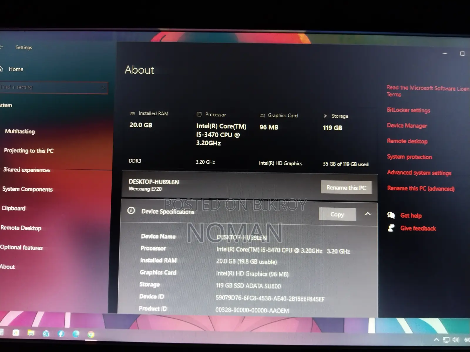 Desktop Computer 20GB Intel Core i5 SSD 128GB