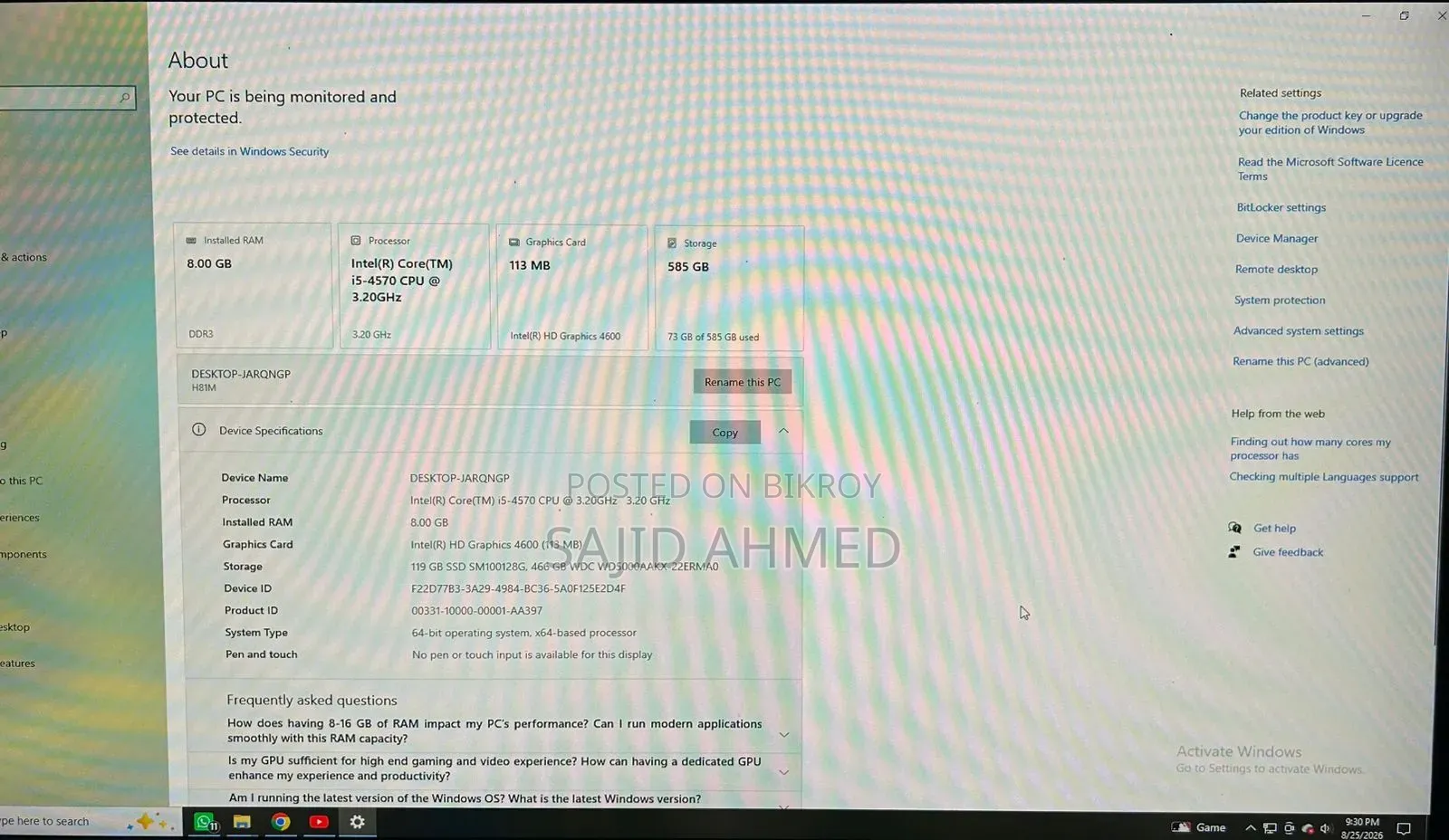 Desktop Computer HP 4GB Intel Core i5 SSD 128GB