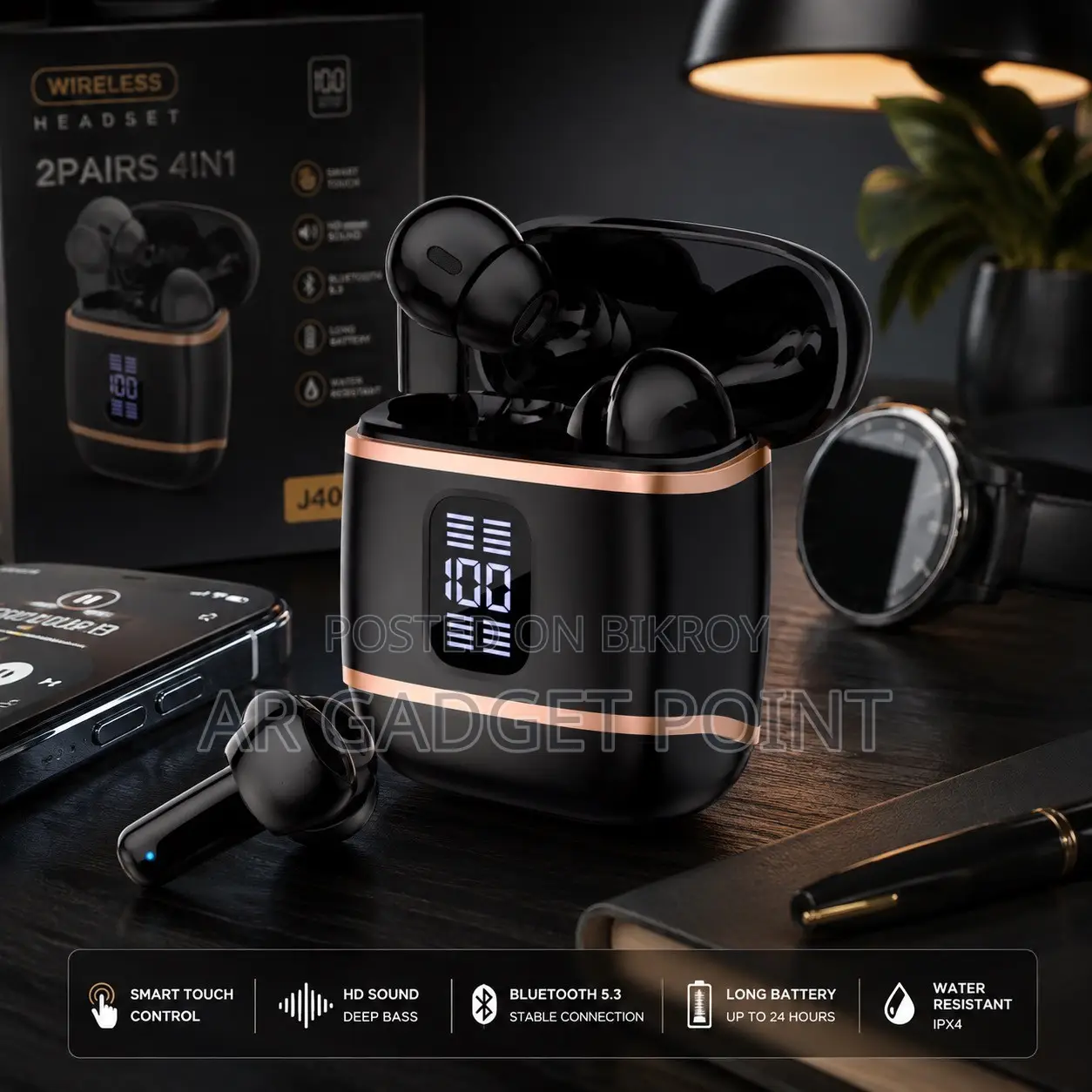 J40 V5.4 Wireless 4-in-1 Earbuds – এক কেসে ২ জোড়া Earbuds