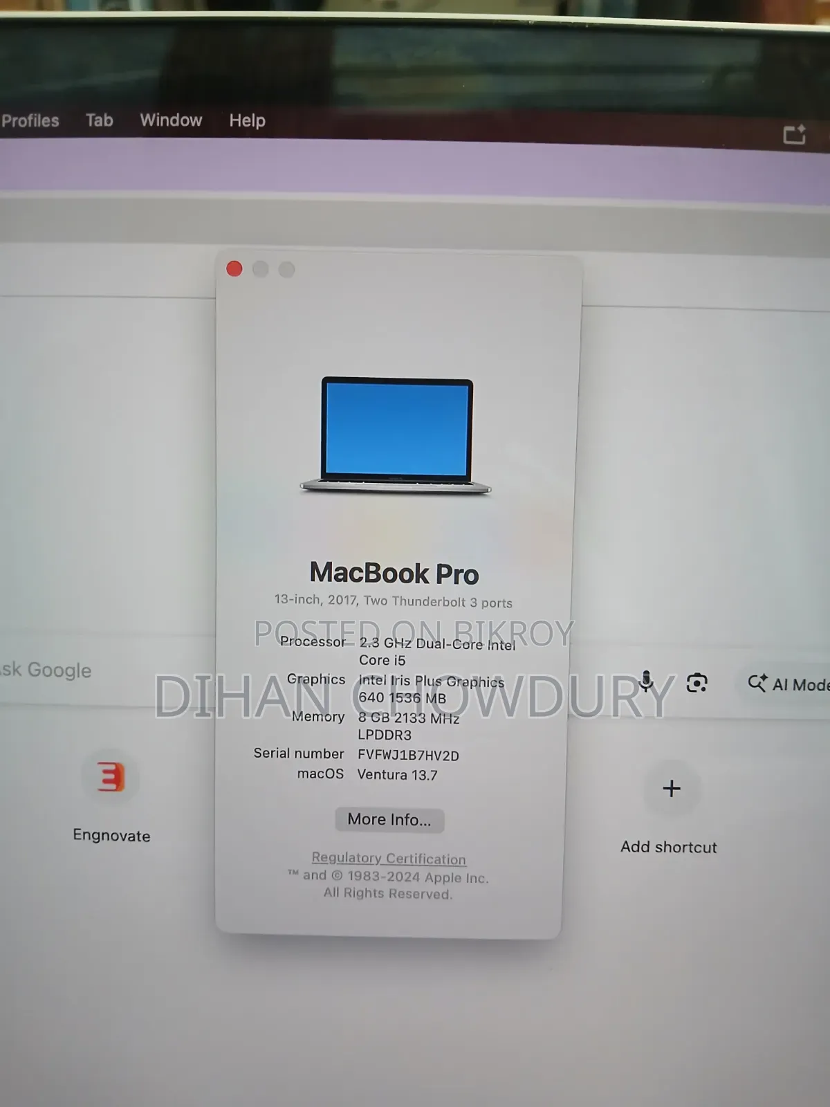 Laptop Apple MacBook Pro 8GB Intel Core i5 SSD 256GB