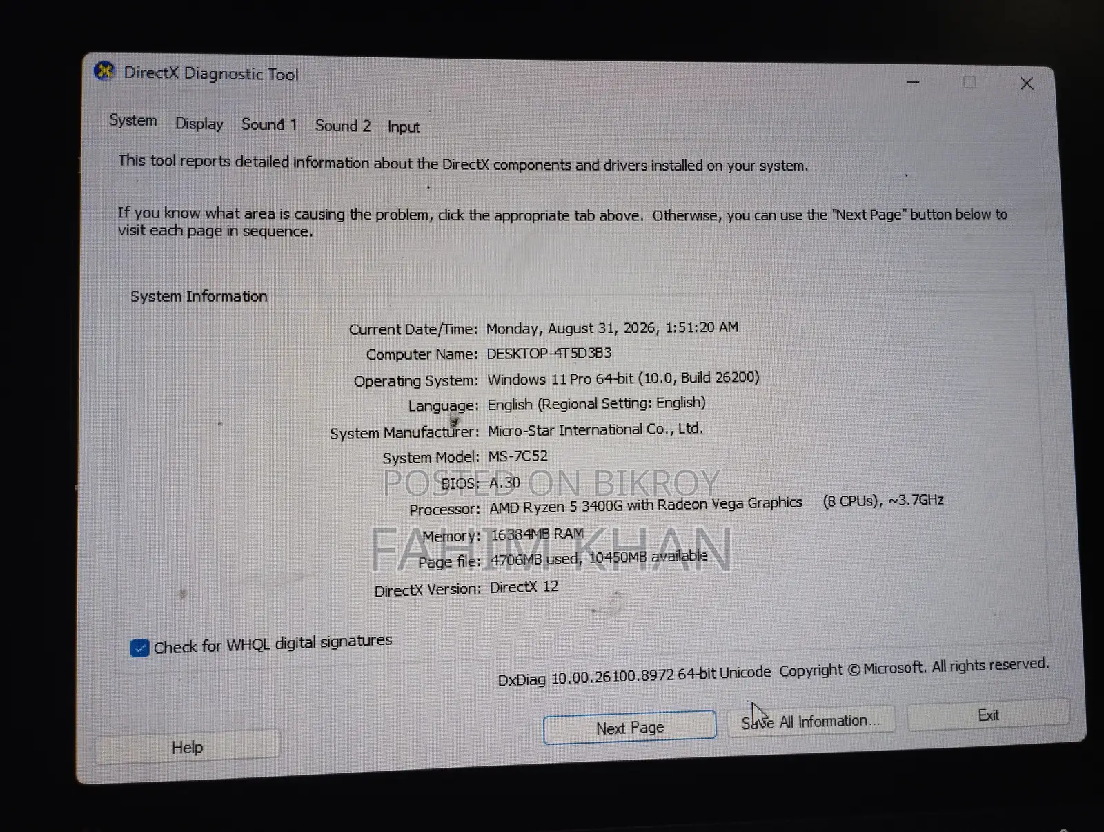 Desktop Computer MSI 16GB AMD Ryzen 5 SSD 256GB