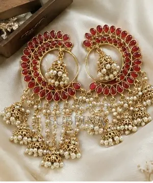 Premium-Look Gold-Plated Jhumka Earrings ❤️ Red Stone & Pearl