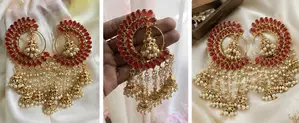 Premium-Look Gold-Plated Jhumka Earrings ❤️ Red Stone & Pearl