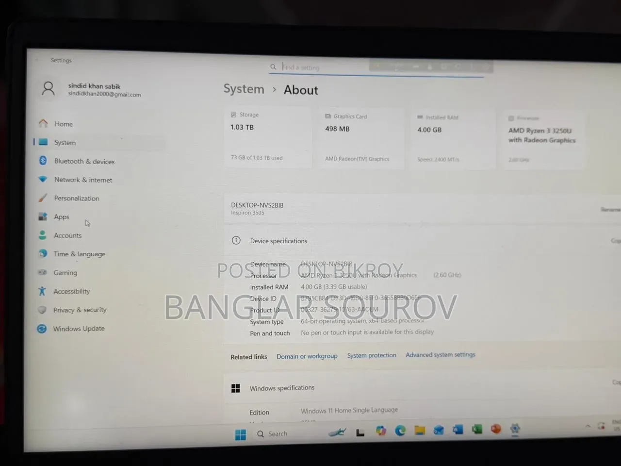 Laptop Dell Inspiron 15 4GB AMD Ryzen 3 HDD 1T