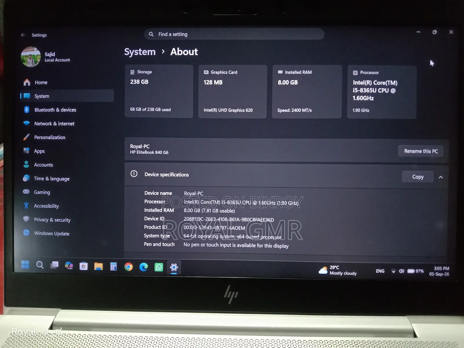 Laptop HP EliteBook 840 G6 8GB Intel Core i5 SSD 256GB