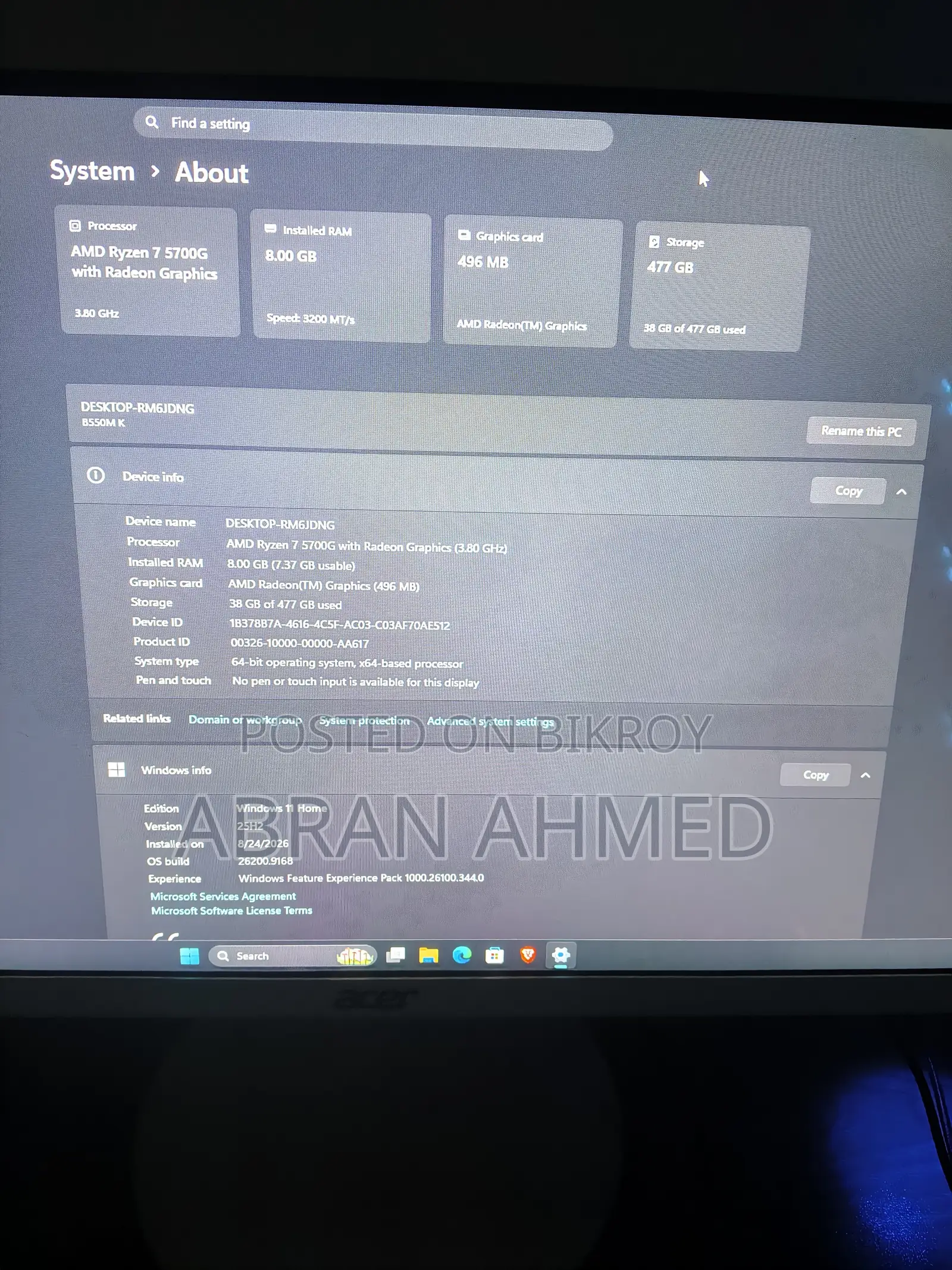 Desktop Computer Acer 8GB AMD Ryzen 7 SSD 512GB
