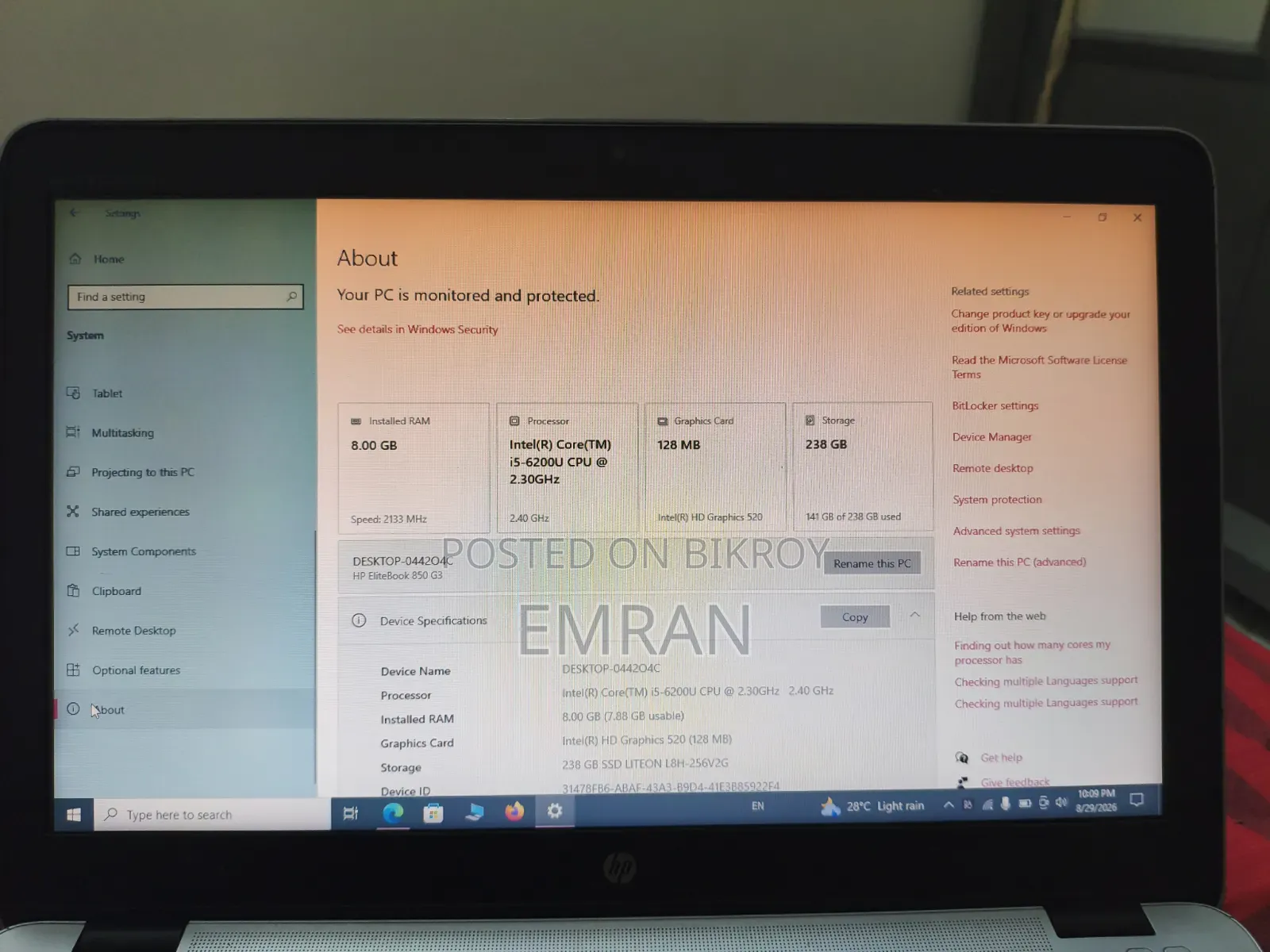Laptop HP EliteBook 850 G3 8GB Intel Core i5 SSD 256GB