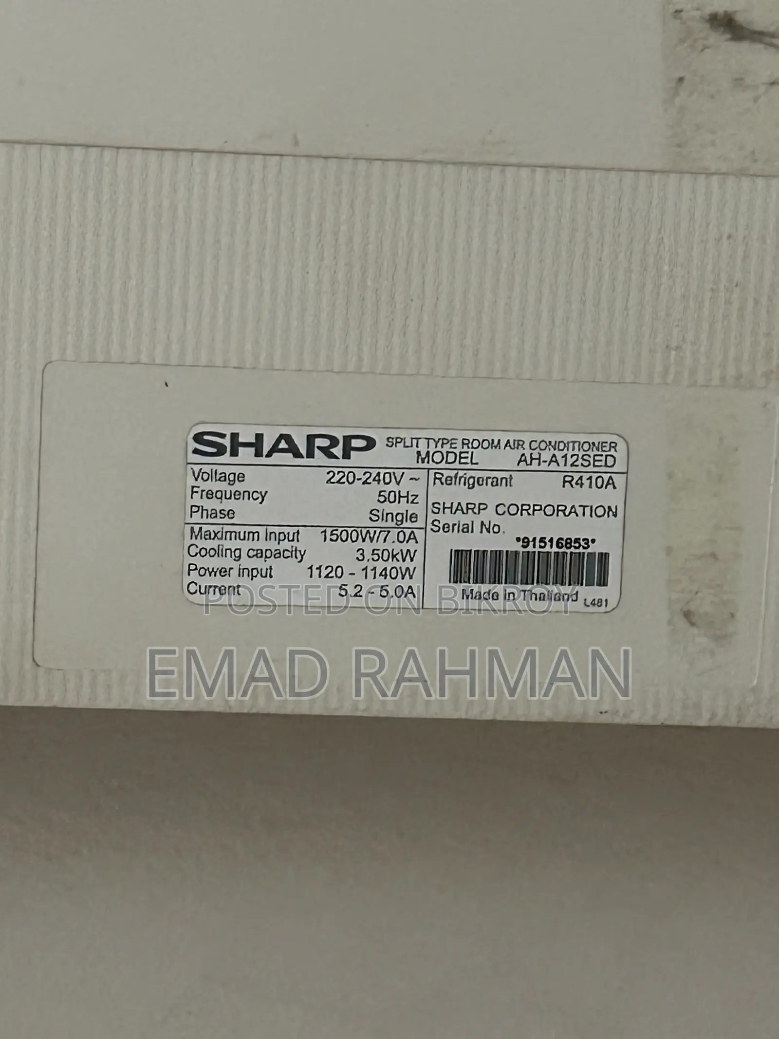 Sharp AC 1 Ton Made by Thailand