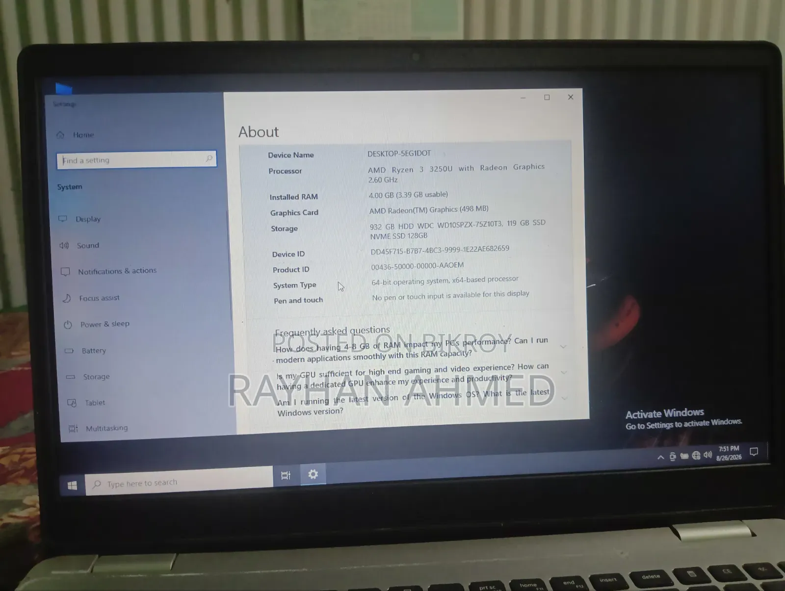 Laptop Dell Inspiron 15 3505 4GB AMD Ryzen 3 HDD+SSD 1T