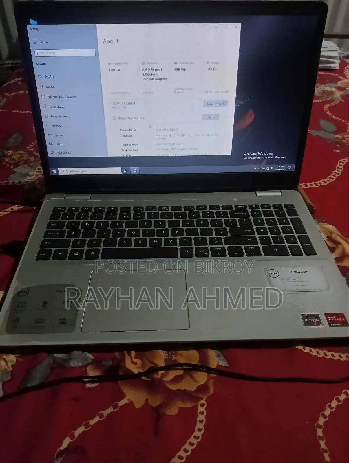 Laptop Dell Inspiron 15 3505 4GB AMD Ryzen 3 HDD+SSD 1T